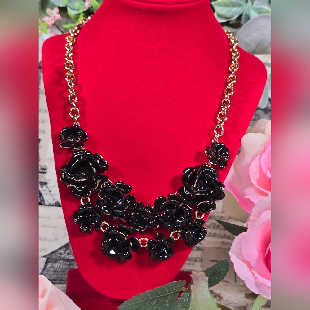 Talbots Black & Gold Statement Bib Necklace, Cascading Flowers. - Picture 3 of 12